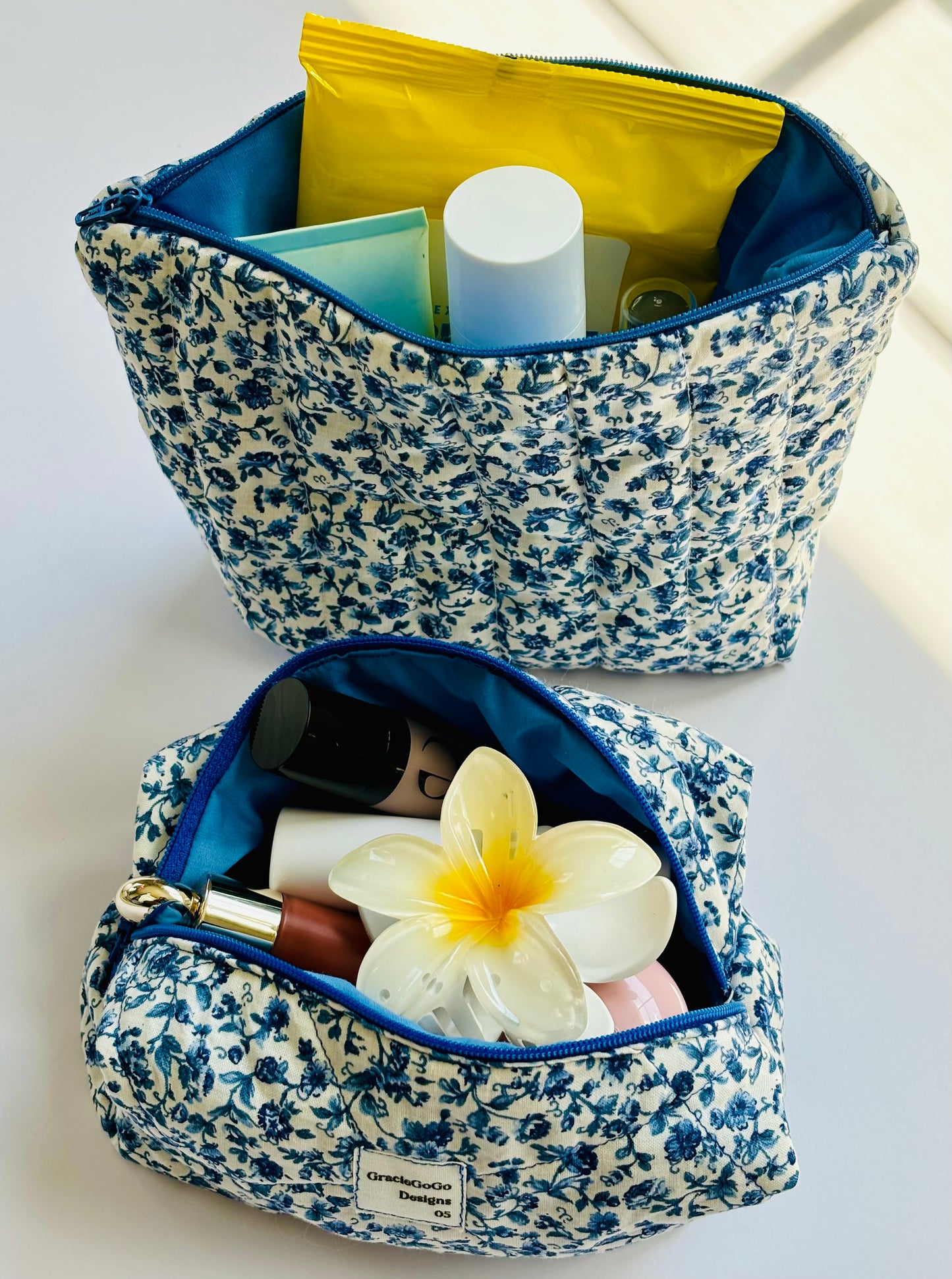 Blue Floral Small Quilted Makeup Bag