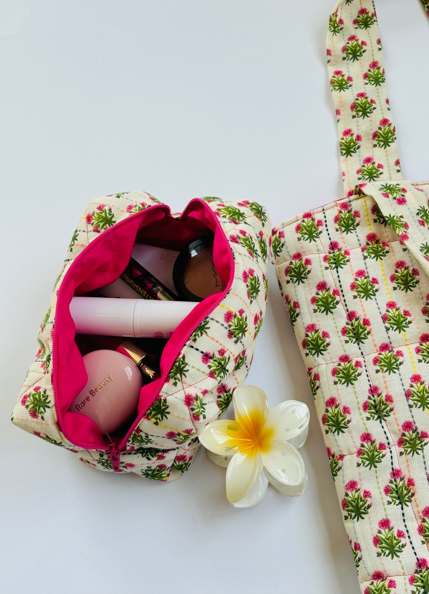 Pink Floral Quilted Makeup Bag