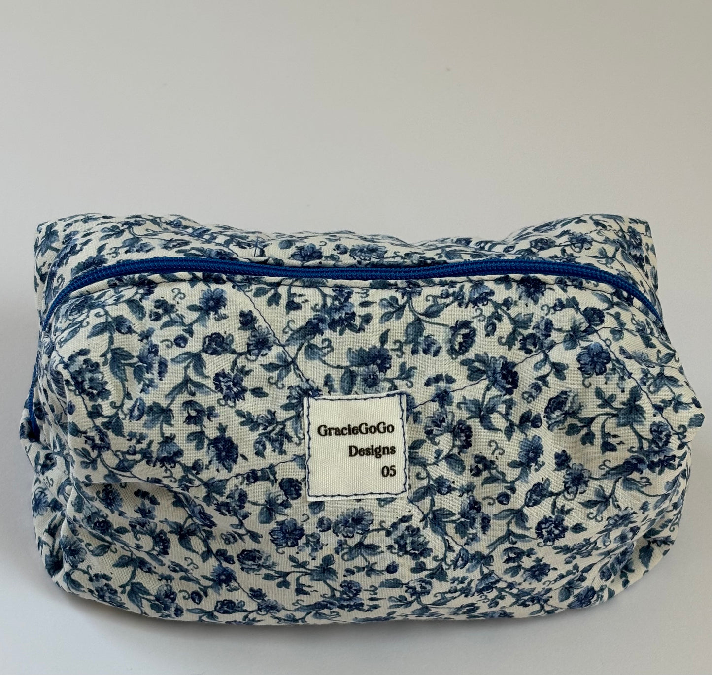 Blue Floral Small Quilted Makeup Bag