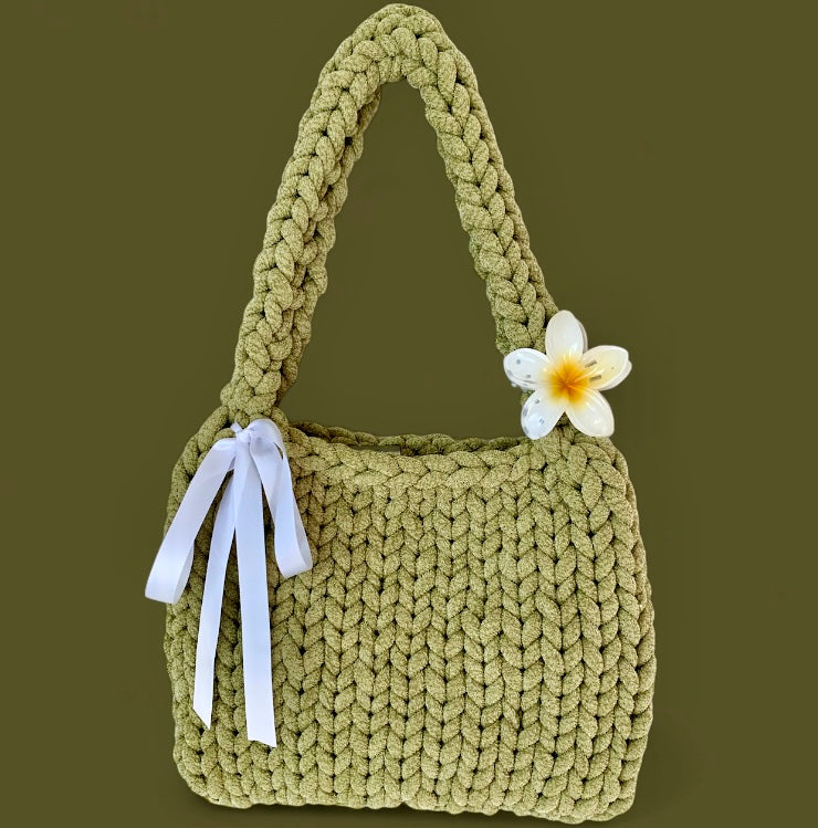 "The Nora" Green Chunky Bag With White Bow