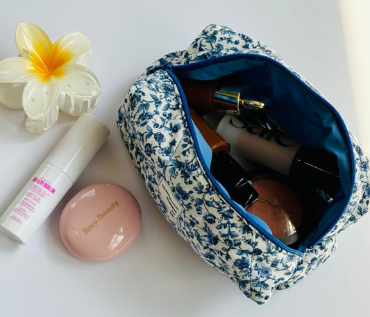 Blue Floral Small Quilted Makeup Bag