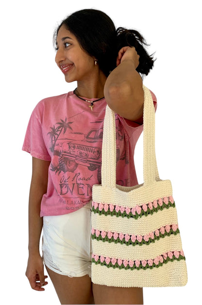 “The Amena” Crochet Pink Tulip￼Tote Bag