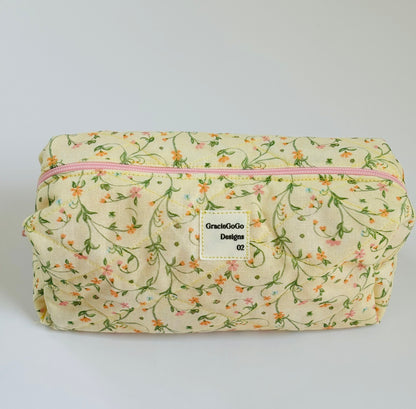 Yellow quilted floral small makeup bag