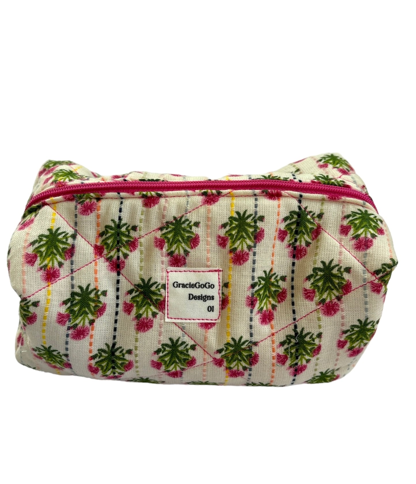 Pink Floral Quilted Makeup Bag