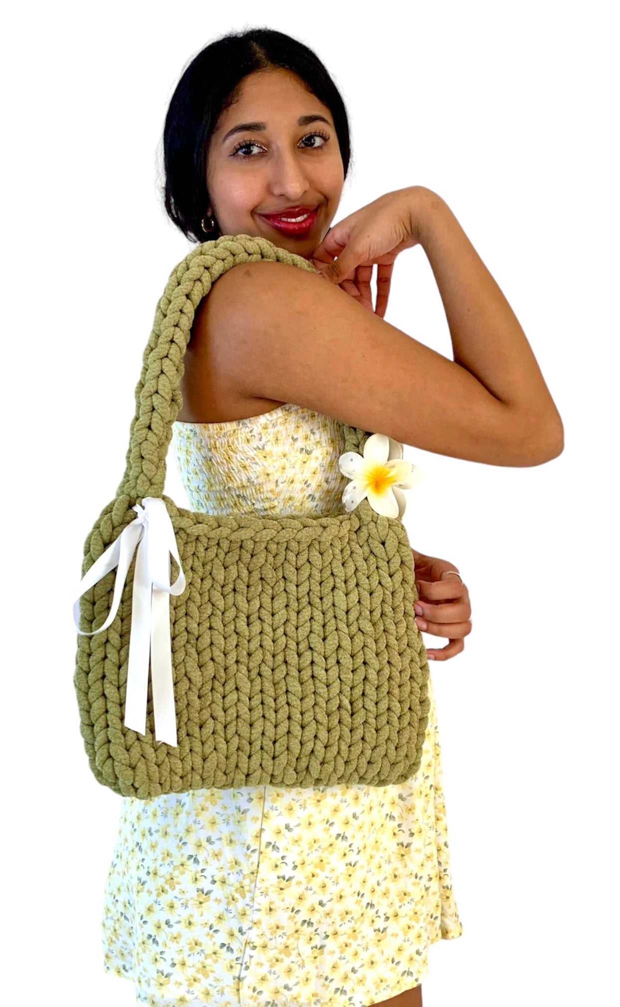 "The Nora" Green Chunky Bag With White Bow